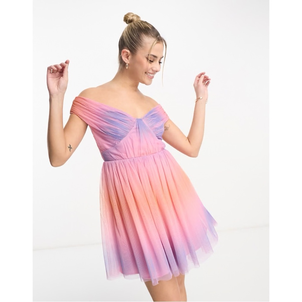 Anaya NEW Bardot Tulle Off Shoulder Fit & Flare Mini Dress Pink Purple Ombre 8P